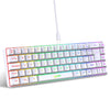 A white wired RGB gaming keyboard with purple and green backlighting is shown on a white background.