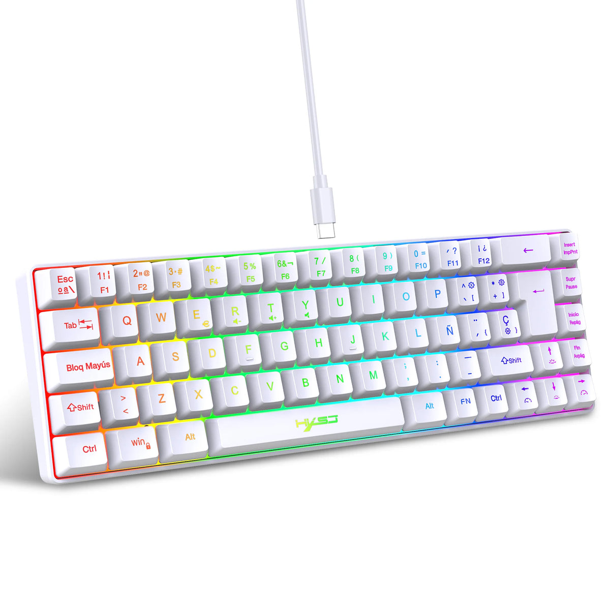 A white wired RGB gaming keyboard with purple and green backlighting is shown on a white background.