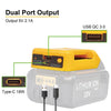 Gelbes und graues Batterieadapter mit doppeltem Ausgang für USB QC 3.0 und Type-C-Laden.
