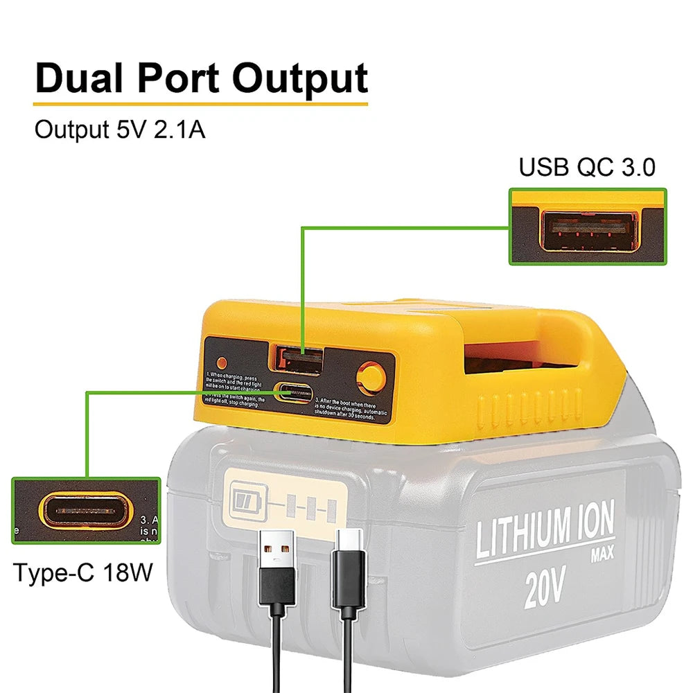 Gelbes und graues Batterieadapter mit doppeltem Ausgang für USB QC 3.0 und Type-C-Laden.
