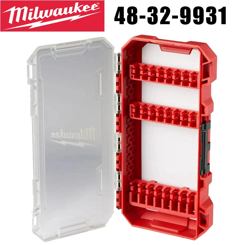 Red impact driver accessory storage case with a clear plastic insert and black foam inserts