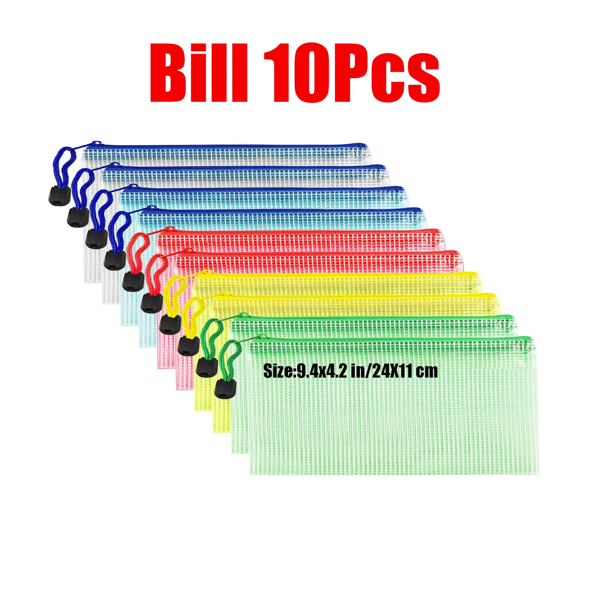 Colección de 10 bolsas organizadoras de documentos transparentes con cremallera en varios colores como azul, rojo, amarillo y