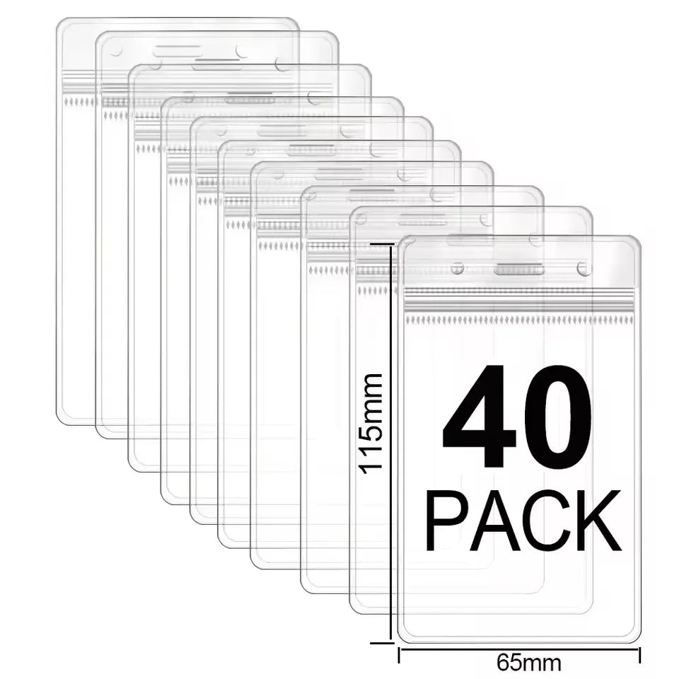 A stack of forty durable waterproof ID card holder sleeves shown with a measurement scale.