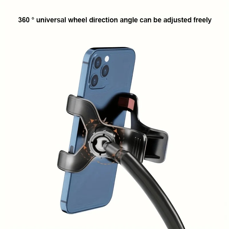 A blue smartphone is mounted on an adjustable clamp stand for desktop use.