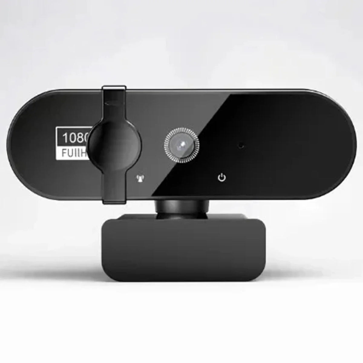 A black webcam device with a lens and power switch is shown against a light gray background.