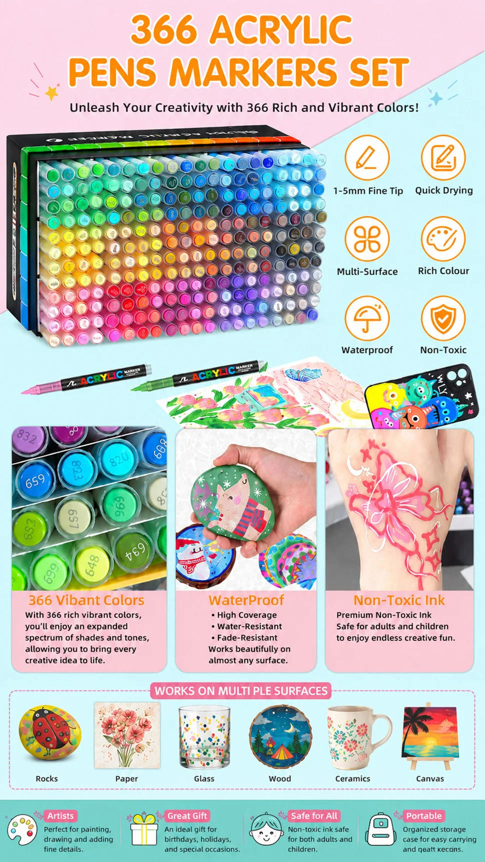 Un juego de 366 bolígrafos y marcadores de acrílico en varios colores vibrantes para uso artístico