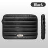 Black padded laptop sleeve featuring a zipper closure and a brand label on the front.