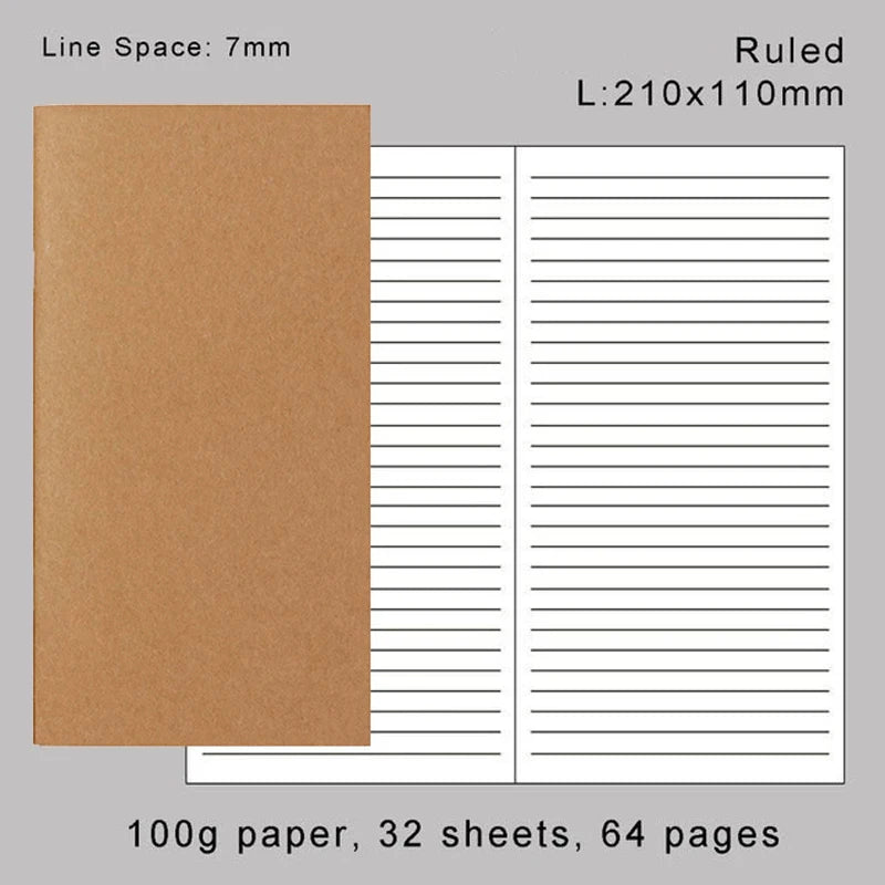A brown notebook with ruled lines, showing the interior and cover details.