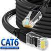 A black Cat6 ethernet cable with a clear connector is shown coiled and partially unwound.