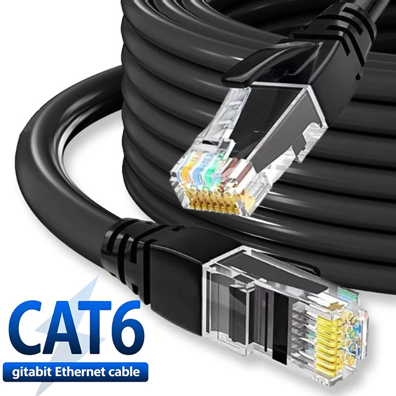 A black Cat6 ethernet cable with a clear connector is shown coiled and partially unwound.