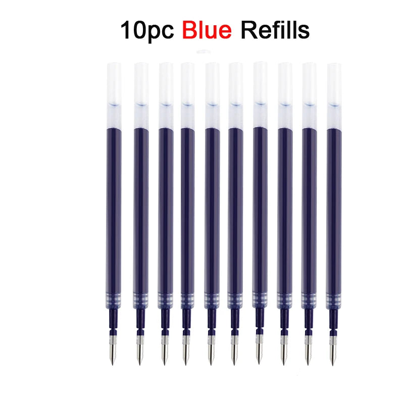 Ten blue refills for an anti-slip gel pen with a quick-drying tip
