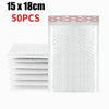 A stack of white self-sealing pearl film bubble shipping bags, measuring 15 x 18 cm, with a sheet of the product displayed ne