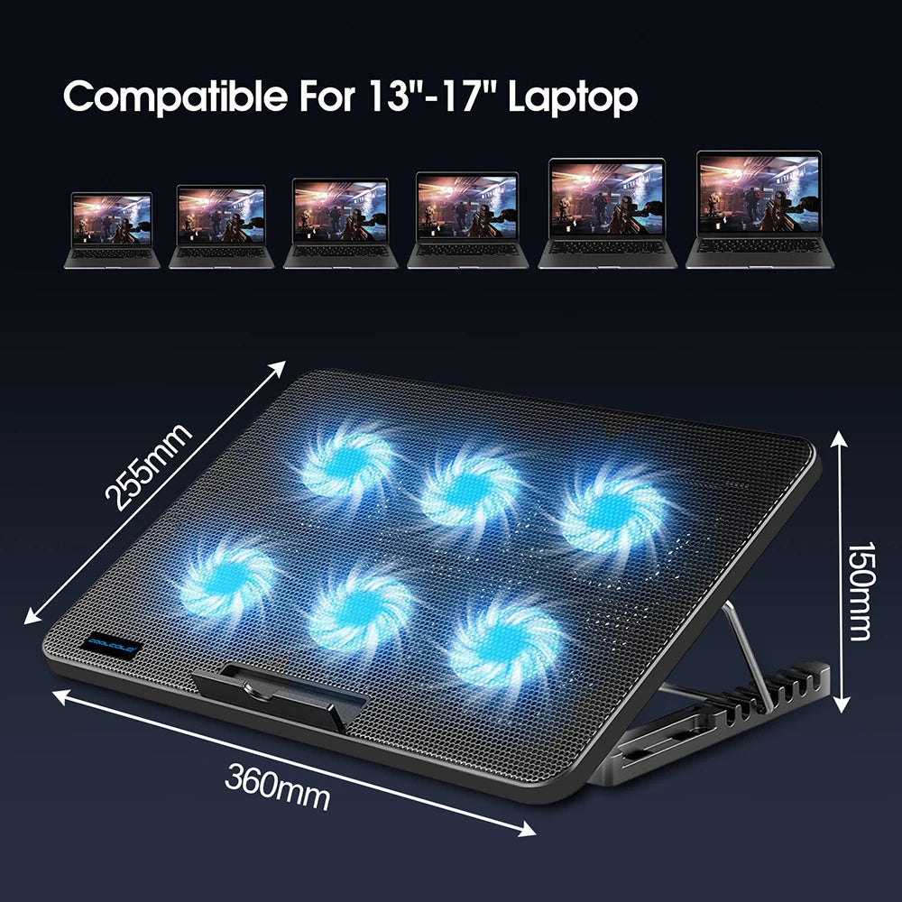 A black adjustable laptop cooling pad featuring multiple blue fans for enhanced cooling.