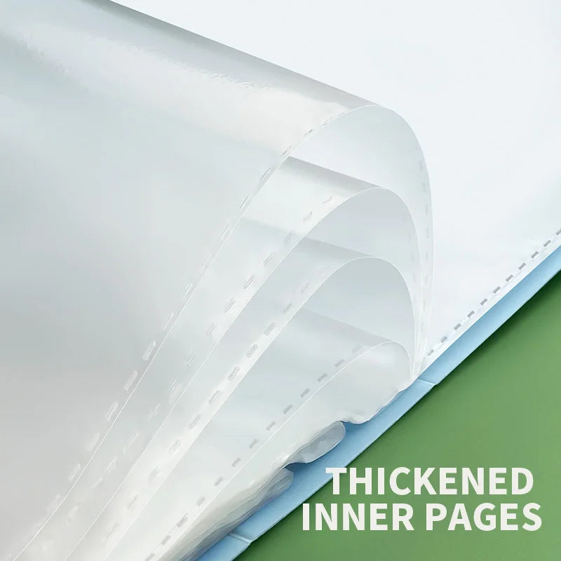 A close-up view of thickened inner pages inside an A4 clear display document folder.