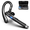 A pair of black wireless Bluetooth earphones with a microphone shown next to their charging case.