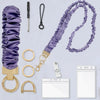Purple stretchy breakaway ID badge lanyard with a gold clip and retractable reel shown with various components