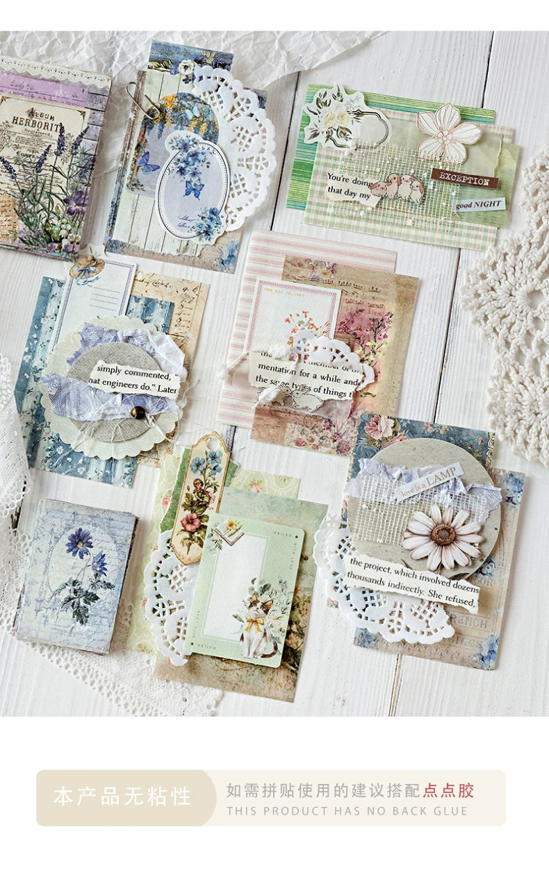 A collection of vintage and floral patterned paper, including textured backgrounds, lace elements, and decorative inserts for