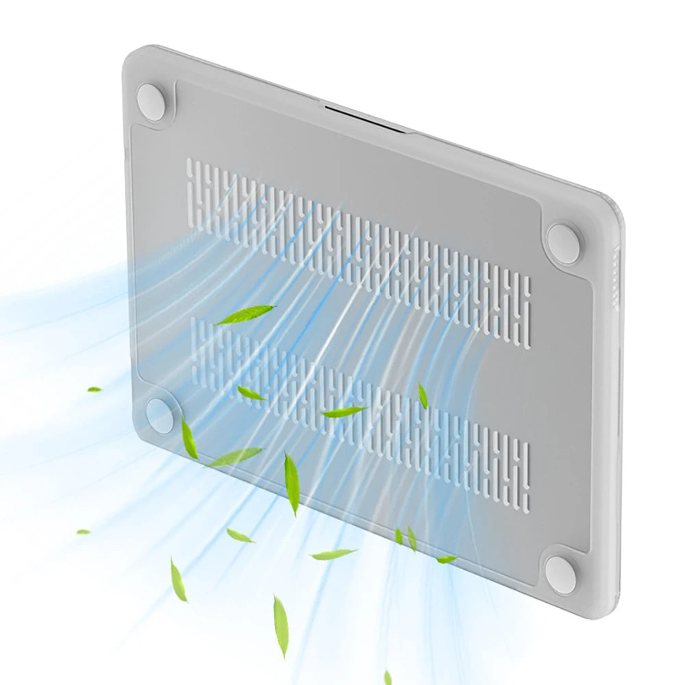 A silver durable hard shell laptop case for a MacBook Neo 13 is shown with green leaves floating around it.