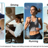 A series of four images showing the Open-Ear Bluetooth 5.1 headset in use during meeting, driving, exercising, and running.