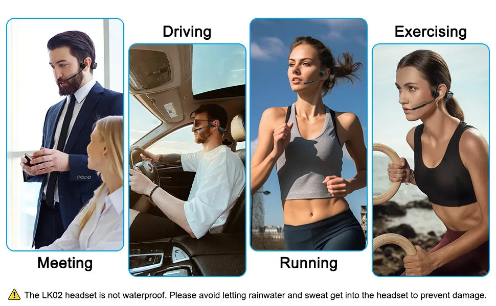A series of four images showing the Open-Ear Bluetooth 5.1 headset in use during meeting, driving, exercising, and running.