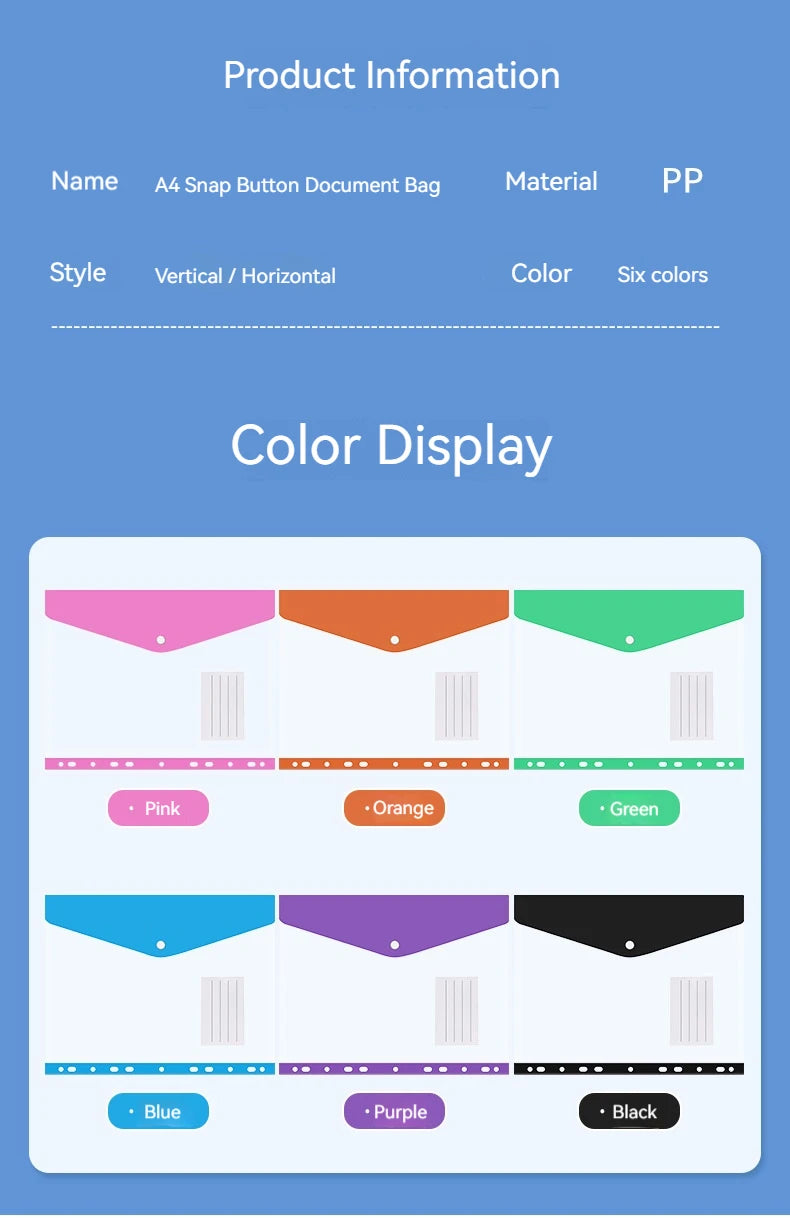 Color display showing six colors for an A4 Snap Button Document Bag product.