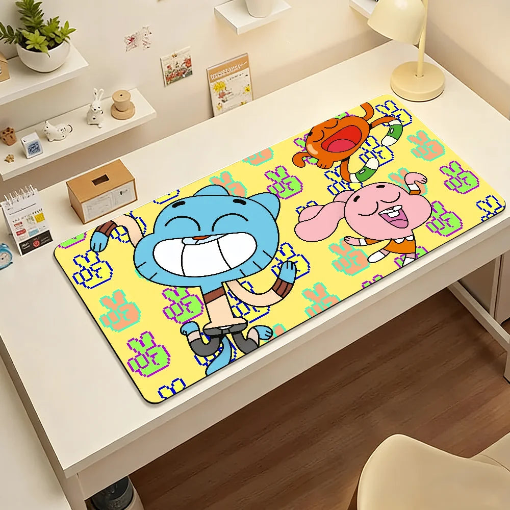 A colorful mouse pad featuring characters from Cartoon W-World, including a blue cat and a pink elephant.