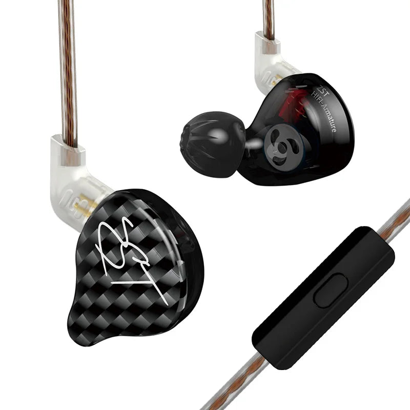A set of KZ Dynamic Driver wired headphones with various components including the driver and cable.