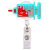 A colorful cartoon medical syringe shaped badge reel holder with a pink and blue design.