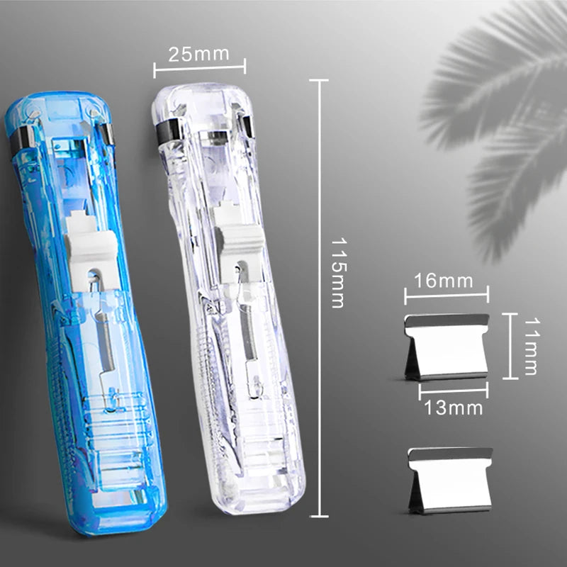 A blue and clear plastic mini reusable hand clamp stapler with separate metal clamping pieces shown next to it.