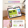 A pink universal protective case for an Apple iPad showing features like pencil holders and auto sleep/wake function.