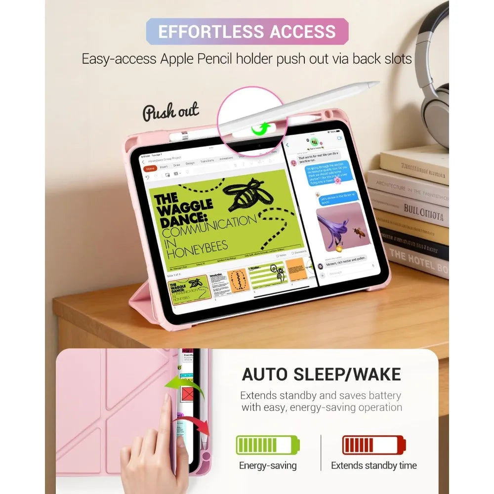 A pink universal protective case for an Apple iPad showing features like pencil holders and auto sleep/wake function.