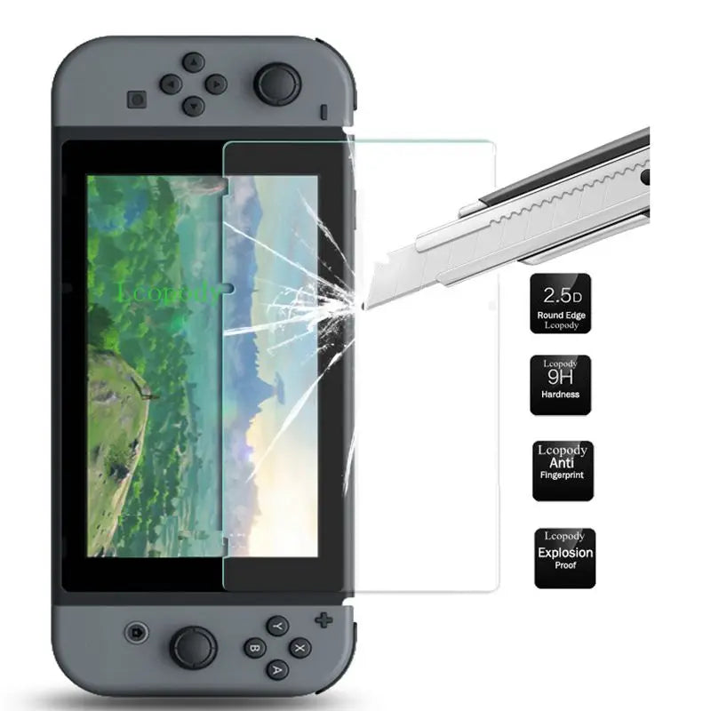 A gray smartphone with a clear screen protector being applied, showing features like 2.5D round edge and 9H hardness.
