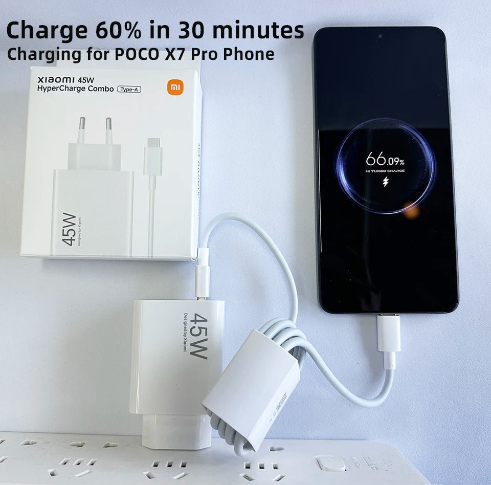 A white 45W HyperCharge Combo charger and cable are shown next to a black Poco X7 Pro phone displaying 66.09% battery charge.
