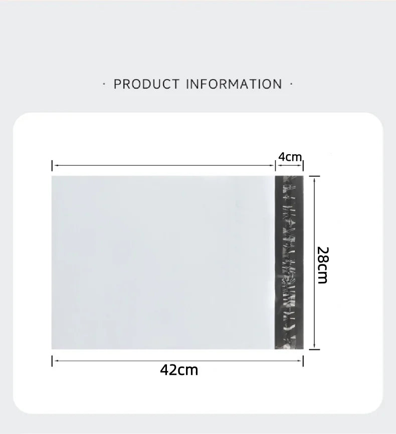 A white self-sealing plastic mailing bag with a black seal visible on the side.
