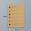 Repuesto de cuaderno amarillo con hojas sueltas, 128mm de alto y 86mm de ancho, con orificios para encuadernar.