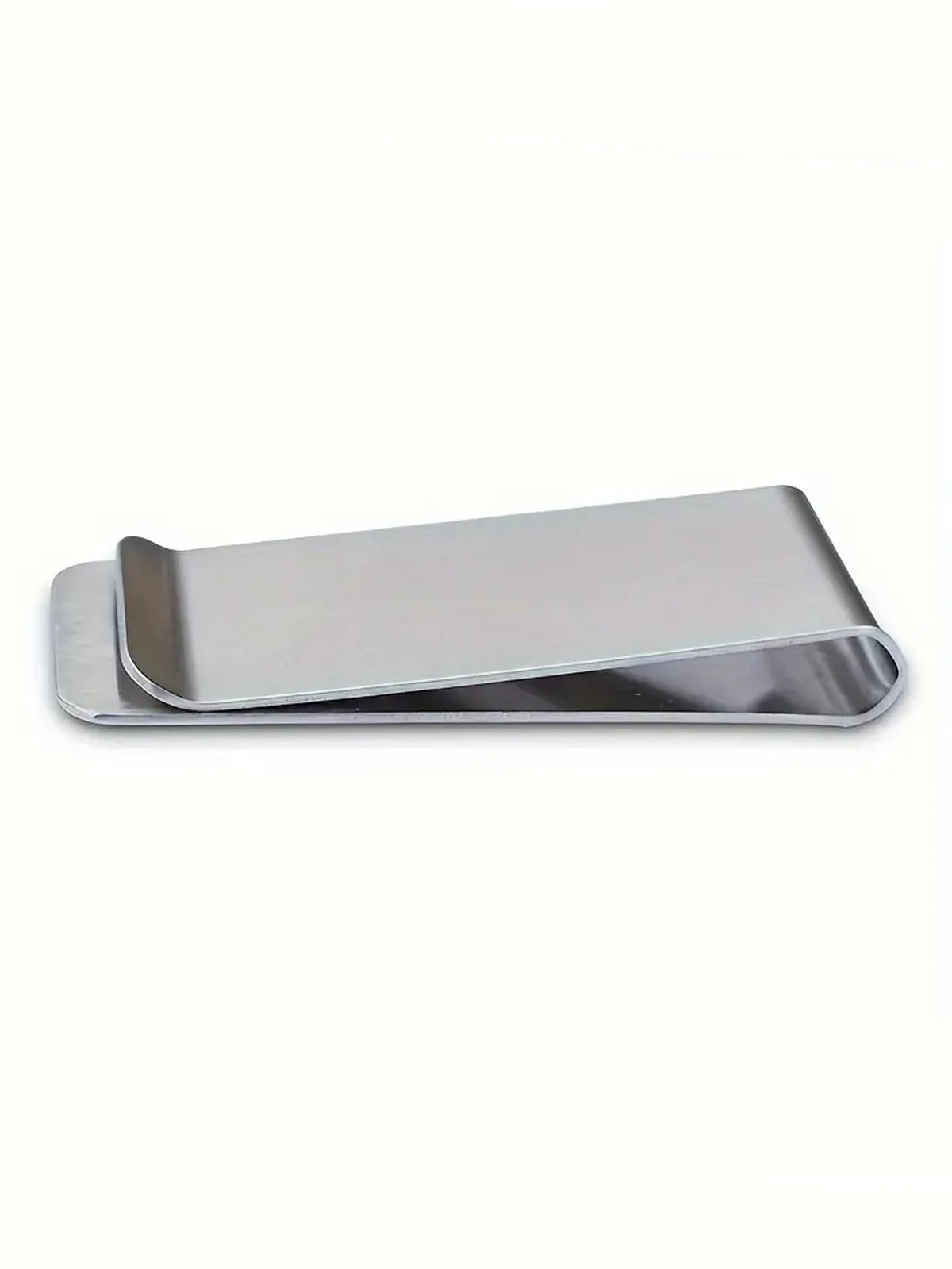 A silver ultra-thin stainless steel money clip wallet.
