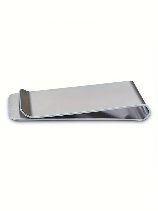 A silver ultra-thin stainless steel money clip wallet.