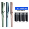 A set of three Morandi retro fountain pens in mint green, light blue, and pink, with ten black ink cartridges.