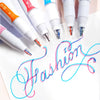 A collection of six line marker pens in various colors and tips are displayed on a white background.