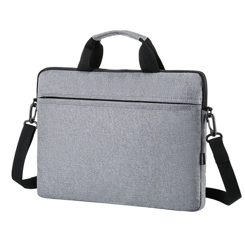 A gray ultra-thin laptop sleeve bag with black carrying straps.