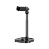 A black adjustable metal phone tripod stand with a clamp and a flat base.