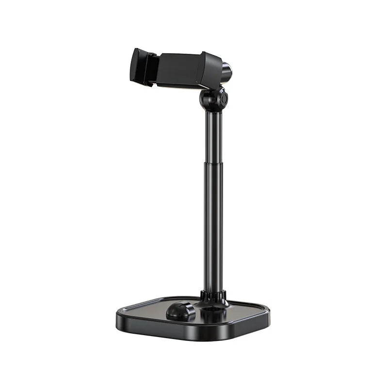 A black adjustable metal phone tripod stand with a clamp and a flat base.