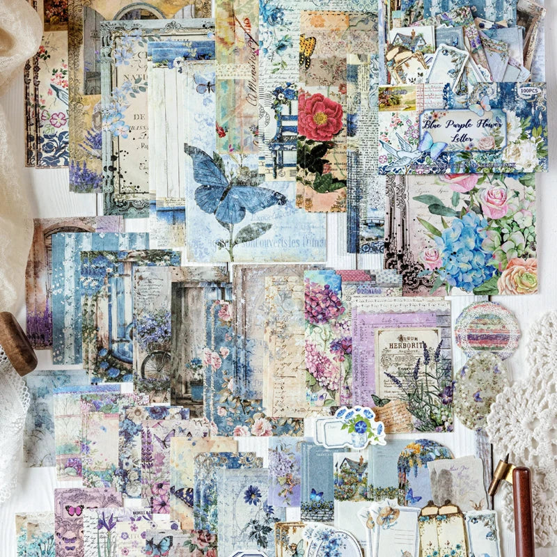 A collage of vintage and watercolor paper featuring floral, botanical, and nature elements for DIY scrapbooking.