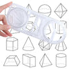 A clear plastic geometric drawing ruler with rotating angles and various shapes like triangles, cubes, and cylinders.