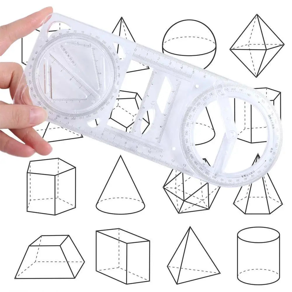 A clear plastic geometric drawing ruler with rotating angles and various shapes like triangles, cubes, and cylinders.