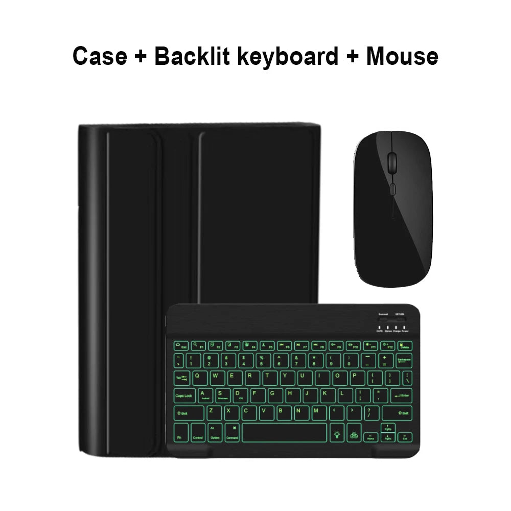A black magnetic keyboard case for an iPad Pro 11-inch, shown with a separate backlit keyboard and mouse.