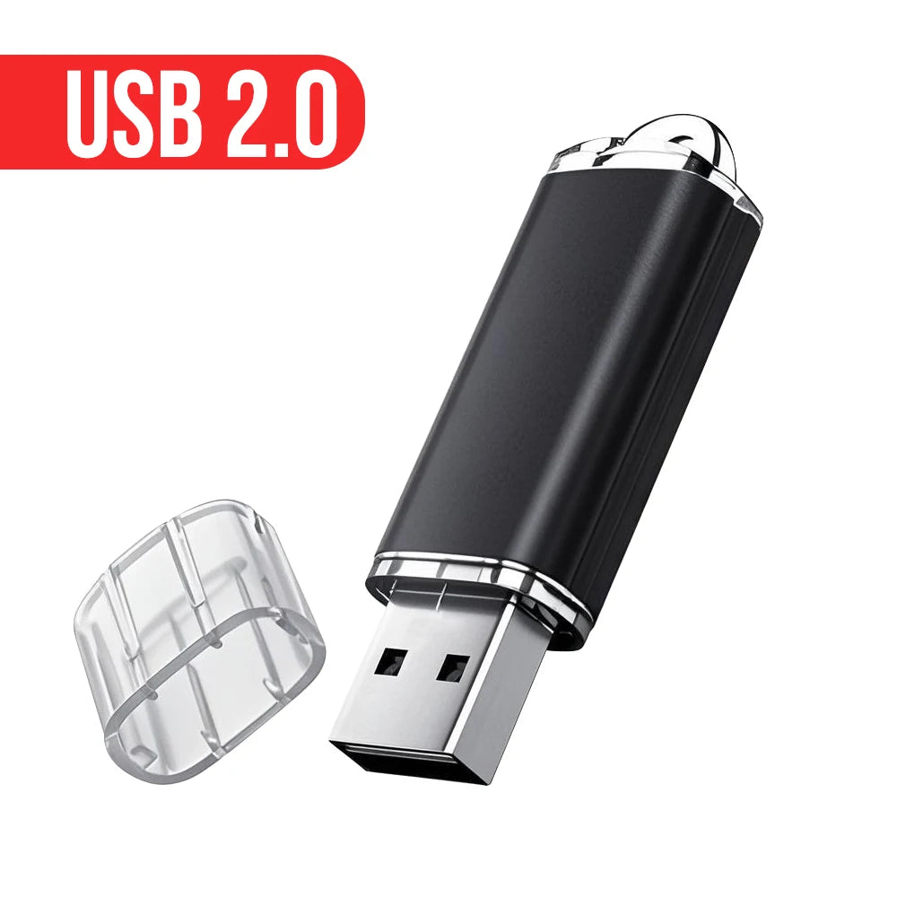 A black metal USB 2.0 flash drive with a silver connector and protective cap.