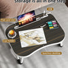 A laptop desk organizer tray featuring a USB slot, pad card slot, cup holder, and storage for pens and paper on a gray fabric