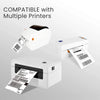 A white thermal shipping label printer is shown with various label sheets, highlighting its compatibility with multiple print