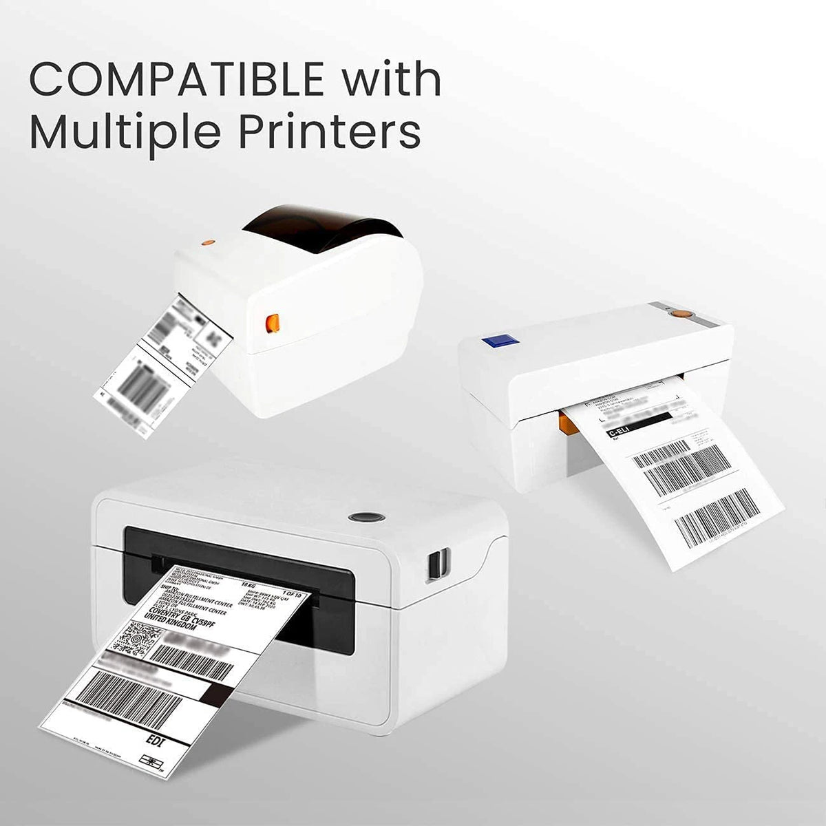 A white thermal shipping label printer is shown with various label sheets, highlighting its compatibility with multiple print
